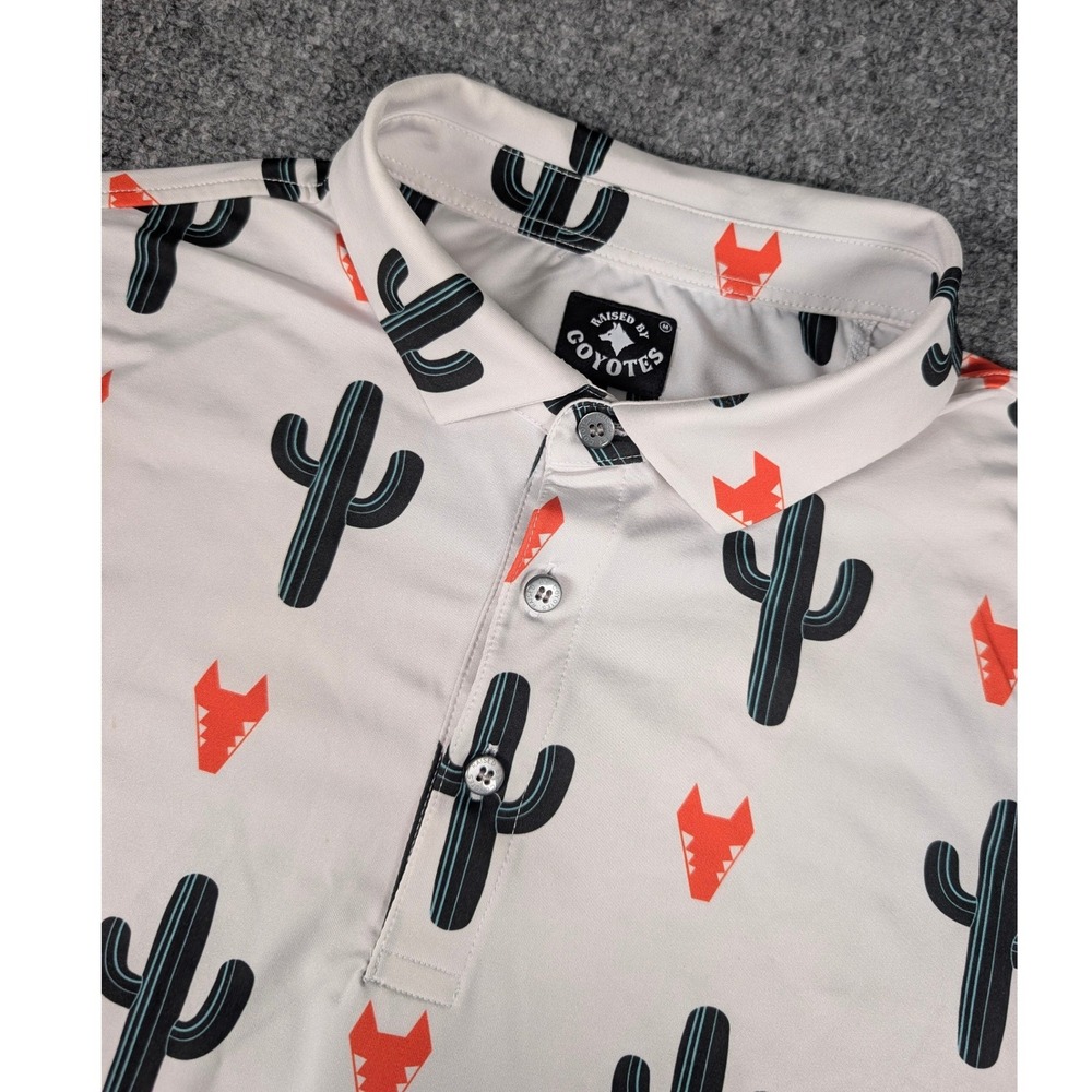 Raised By Coyotes Polo Shirt Mens Medium White Cactus Coyote Print Golf Top